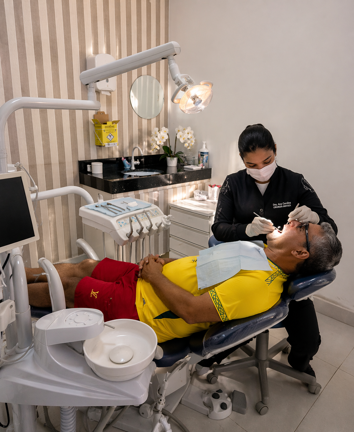 Cliente da clínica odontológica sorrindo